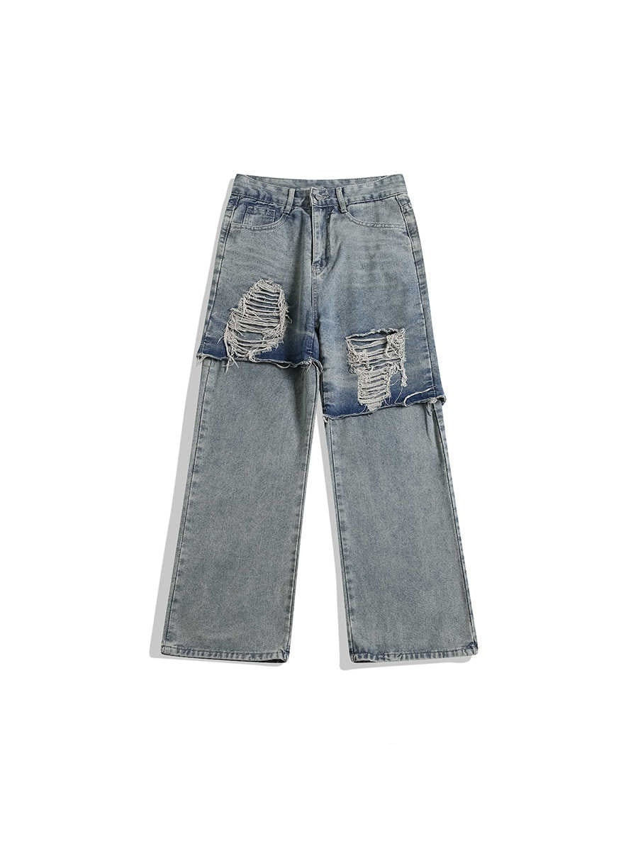 Plus-Size Mud-Dyed Ripped Jeans with Casual Rugged Energy-Theone Apparel