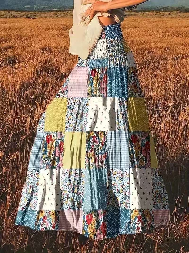 Printed Stitching Floral Long Skirt For Popular Everyday Wear-Multi Color-Theone Apparel