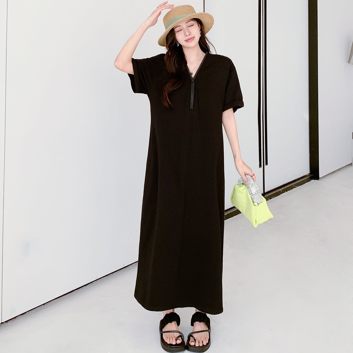 Retro Hepburn Zipper Dress with Loose Summer Fit-Theone Apparel