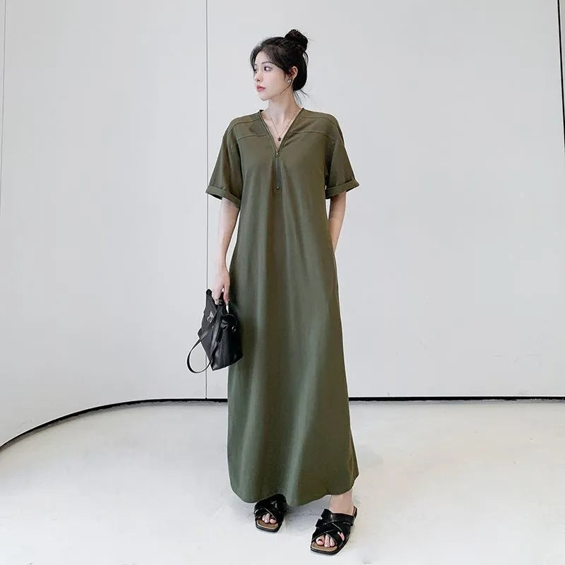Retro Hepburn Zipper Dress with Loose Summer Fit-Army Green-Theone Apparel