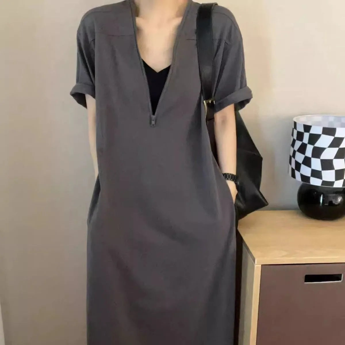 Retro Hepburn Zipper Dress with Loose Summer Fit-Dark Gray-Theone Apparel