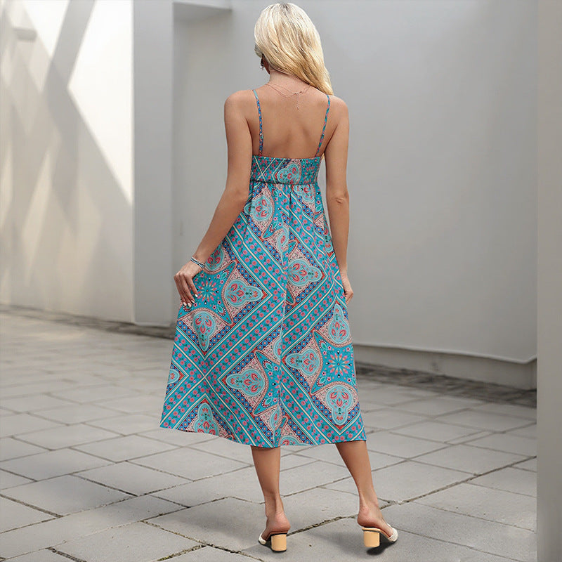 Retro Print Slip Dress with Vintage Vibes Chic Lines-Theone Apparel