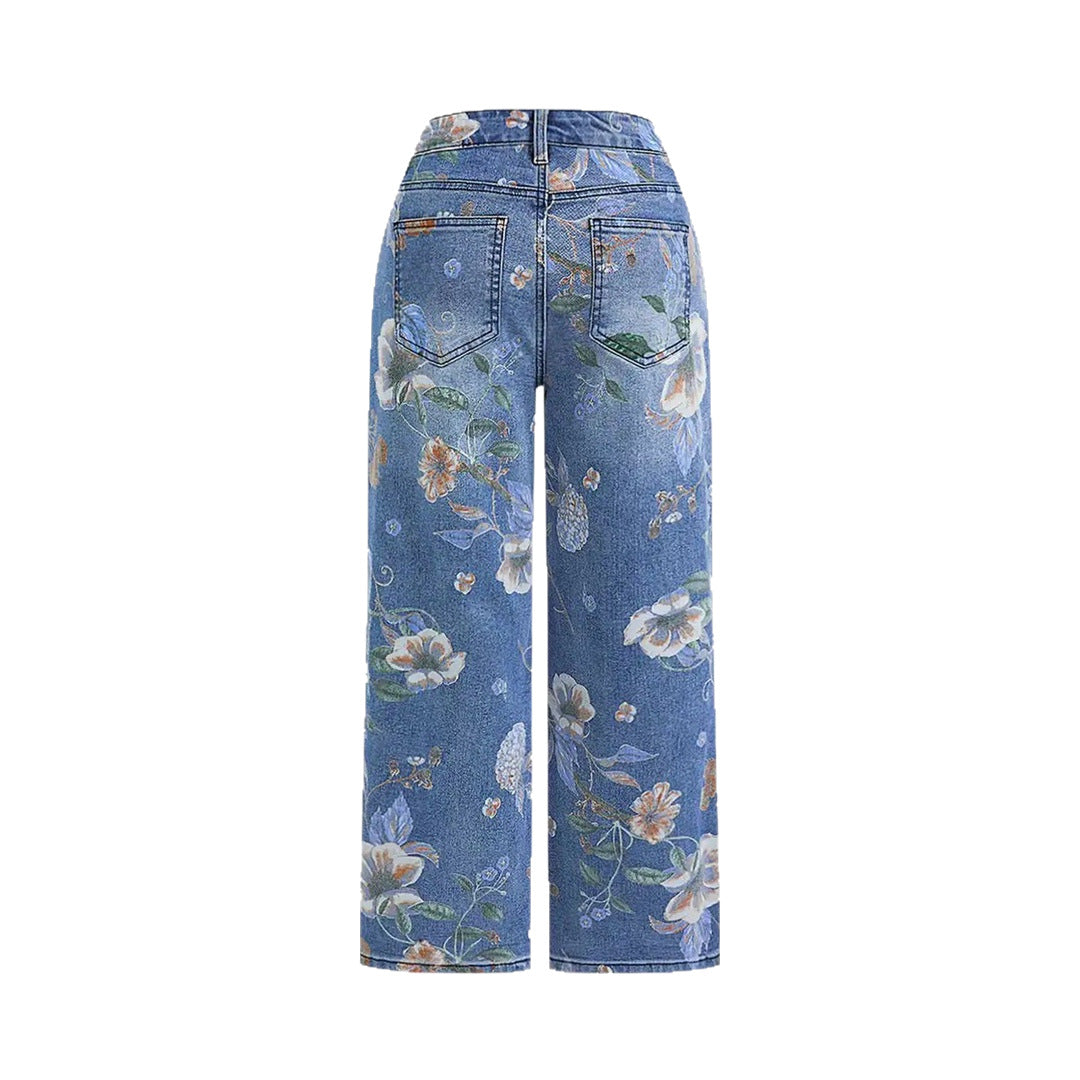Seasonal Printed Straight-Leg Denim Pants for Artistic Flair-Theone Apparel