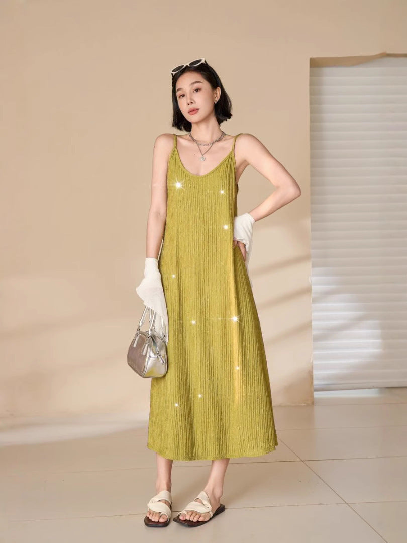 Sequin Pleated Cami Dress with Elegant Temperament Silhouette-Green-Theone Apparel