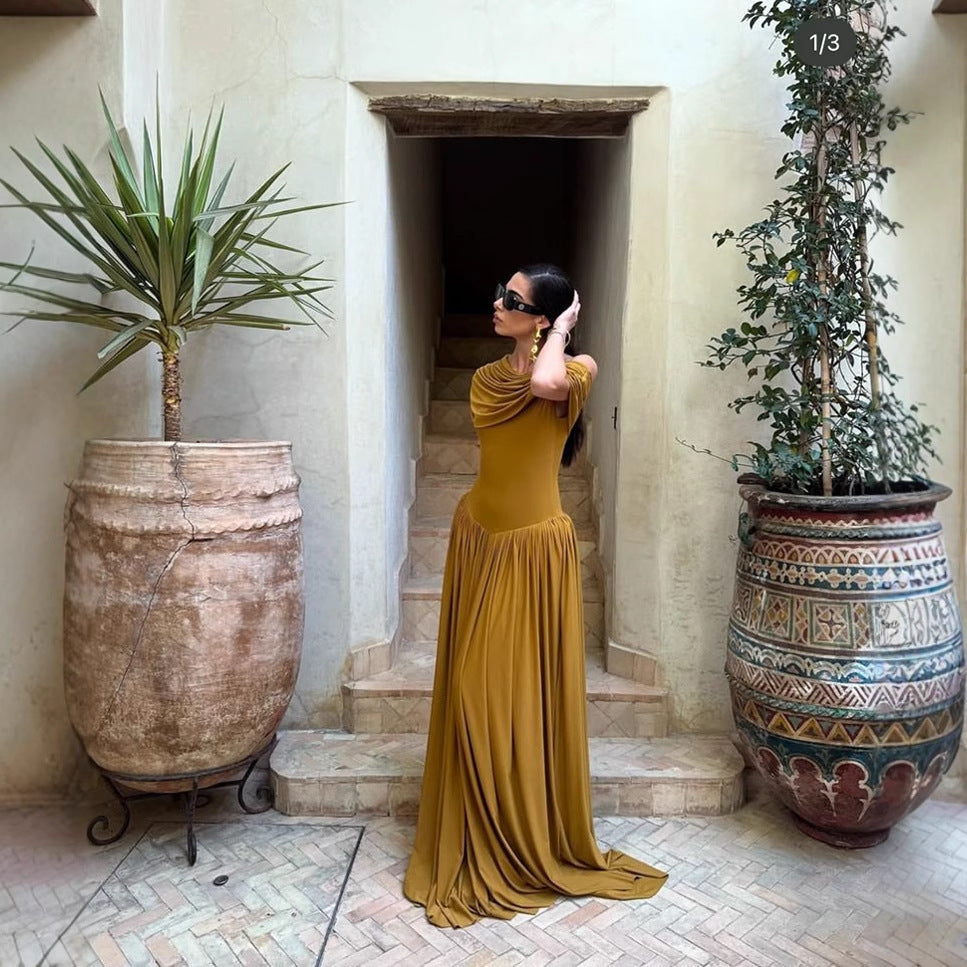 Slant Shoulder A-Line Dress with Waist-Slimming Design-Theone Apparel