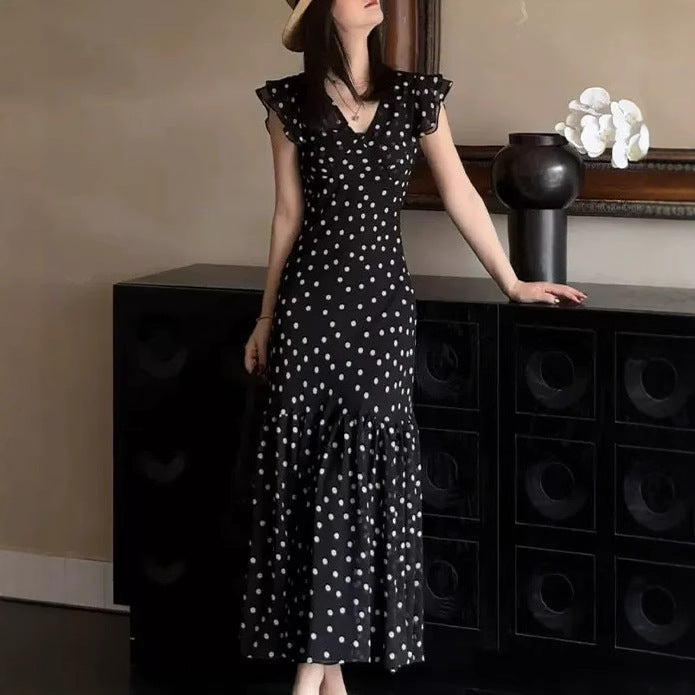 Sleek Black Polka Dot Dress with French-Inspired Slim Fit-Theone Apparel