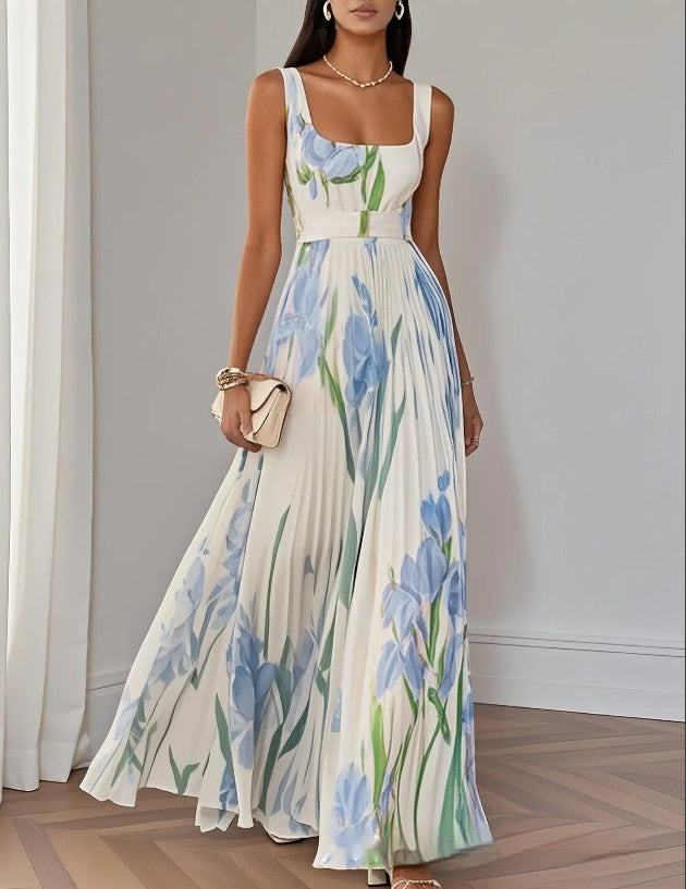 Sleeveless Pleated Printed Dress for Polished Formal Evening Affairs-White with Blue Floral-Theone Apparel
