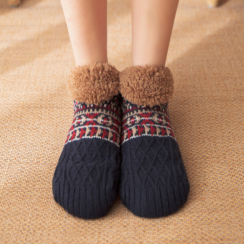 Soft and Thick Winter Footie Socks with Traction Balls-Navy Blue-Theone Apparel
