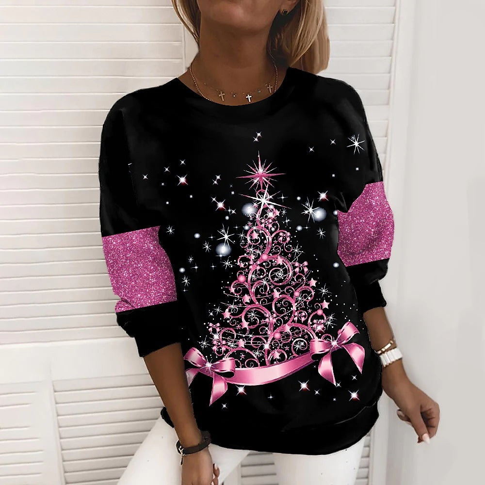 Sophisticated Christmas Black and White Sweater with Sparkly Tree-Pink-Theone Apparel