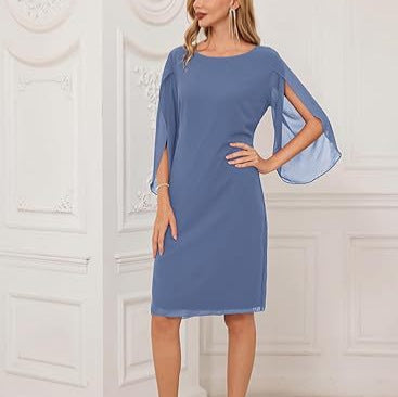 Sophisticated Irregular Sleeve Solid Chiffon Dress for Effortless Elegance-Theone Apparel