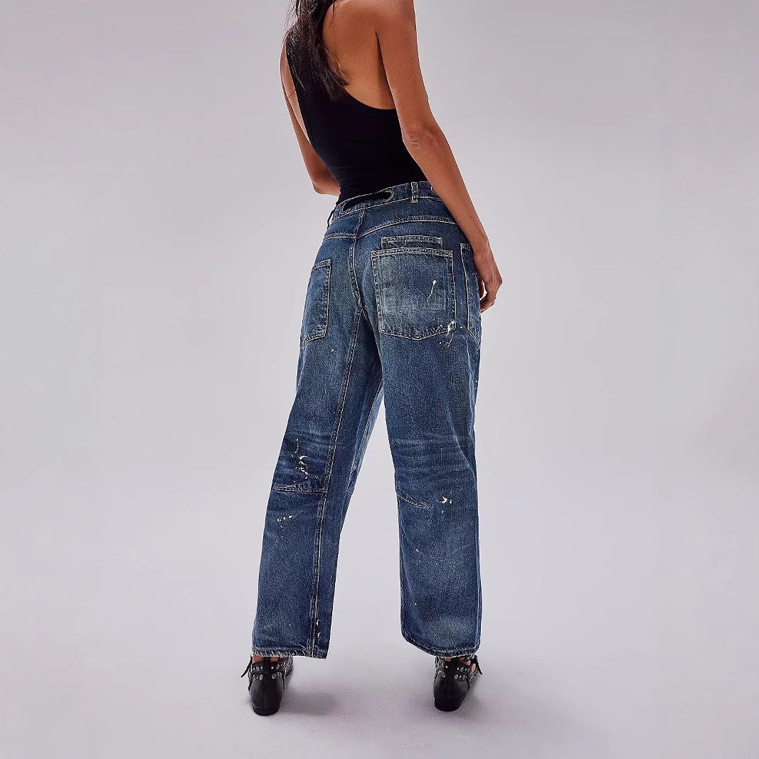 Splash-Ink Drawstring Loose Jeans with Artistic Casual Twist-Theone Apparel
