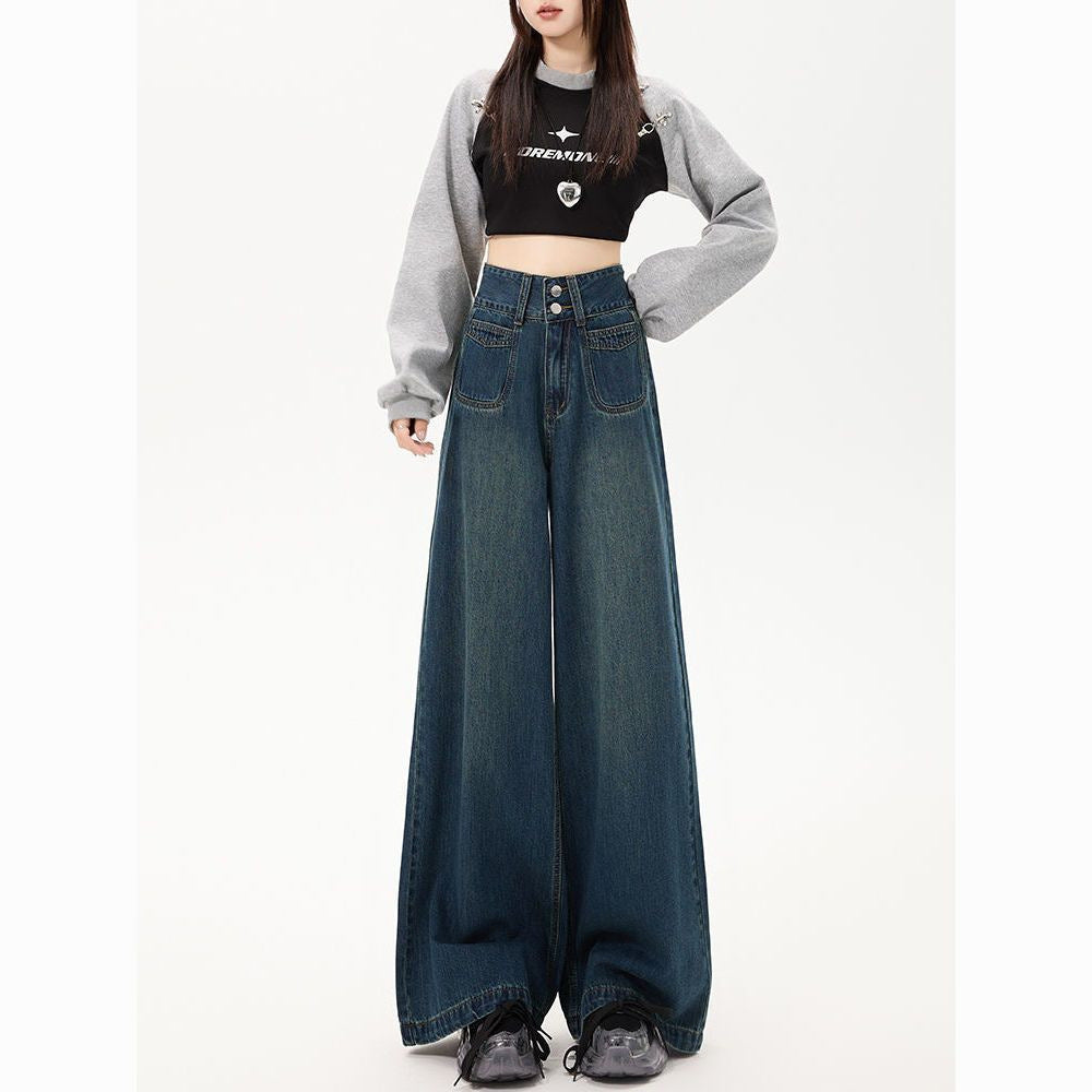 Spring/Autumn Retro Wide-Leg Jeans with Small High Waist Cut-Light Blue-Theone Apparel