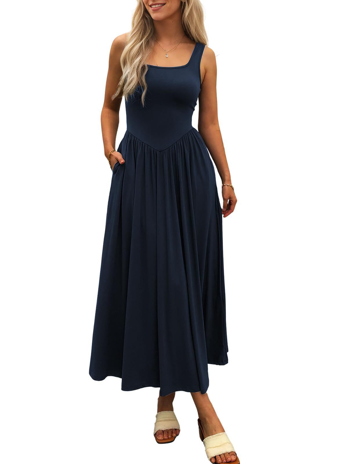 Square Collar Pleated Dress with Modern Sling Silhouette-Navy Blue-Theone Apparel