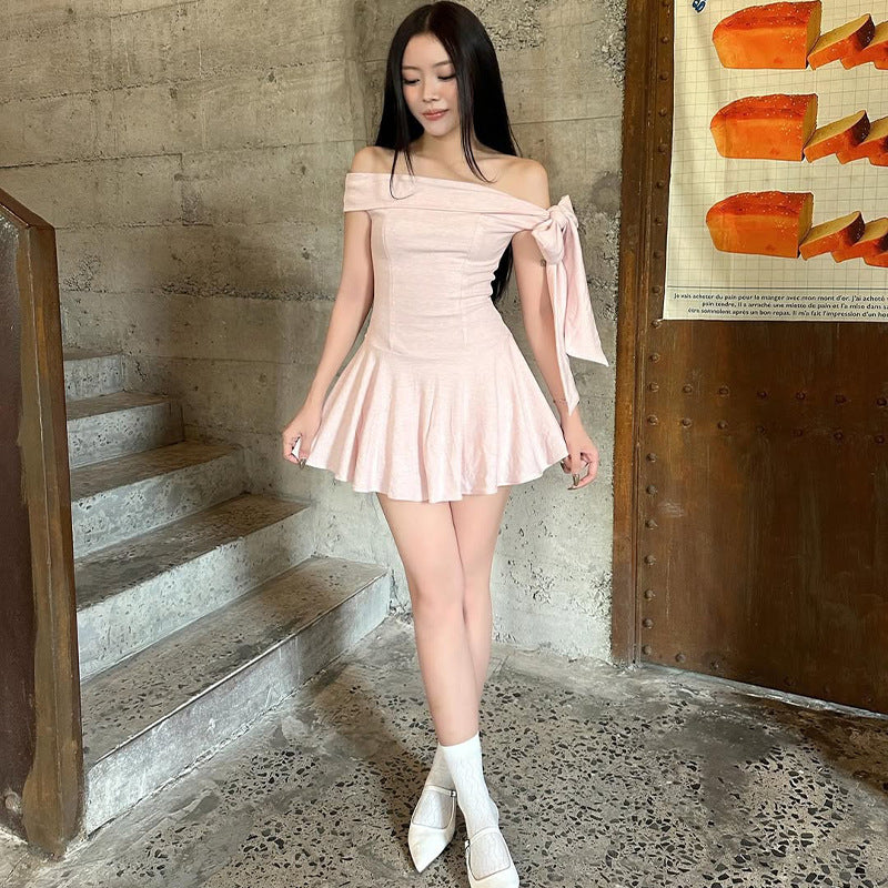 Summer Off-Shoulder Bow Mini Dress with Playful European Vibes-Theone Apparel