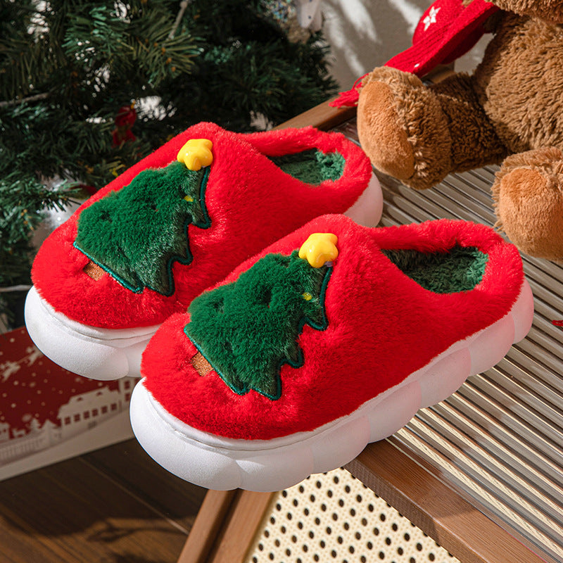 Ultra Plush and Soft Christmas Tree House Slippers with Traction Soles-Red-Theone Apparel