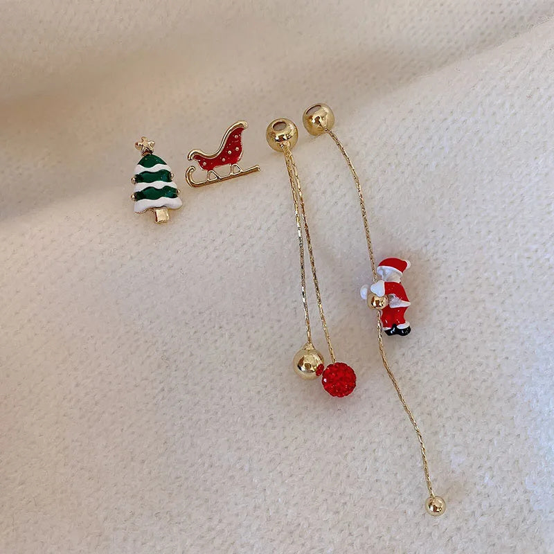 Whimsical Gold-Tone Christmas Holiday Party Climbing Santa Mismatch Long Dangle Earrings-Theone Apparel