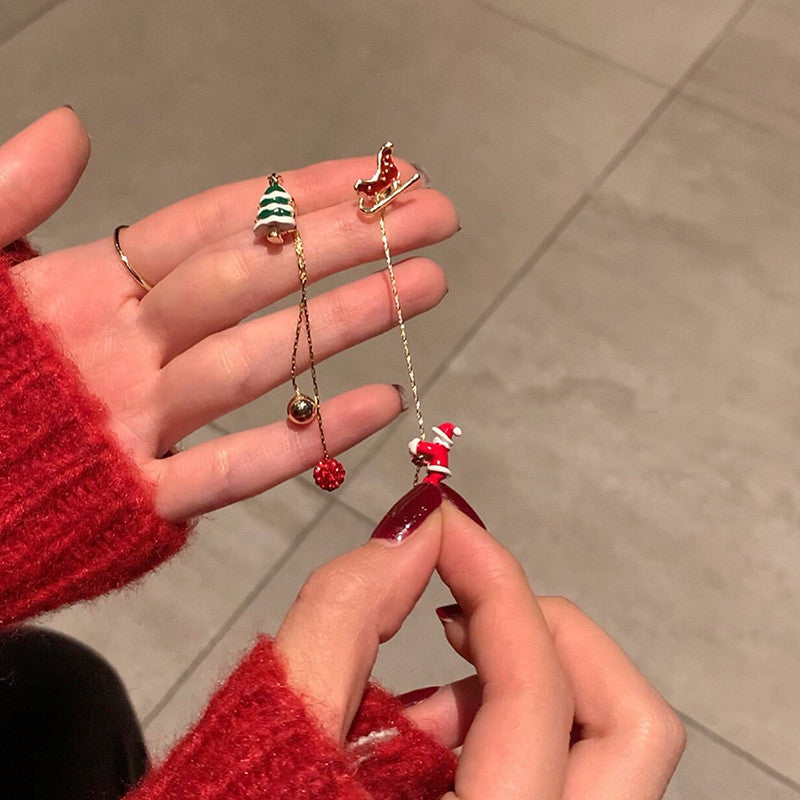 Whimsical Gold-Tone Christmas Holiday Party Climbing Santa Mismatch Long Dangle Earrings-Santa Claus-Theone Apparel