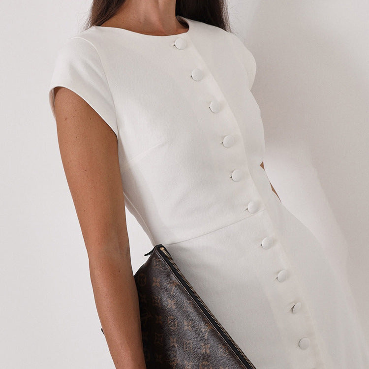 White Sheath Dress with Flying Sleeves and Single-Breasted Waist-Theone Apparel