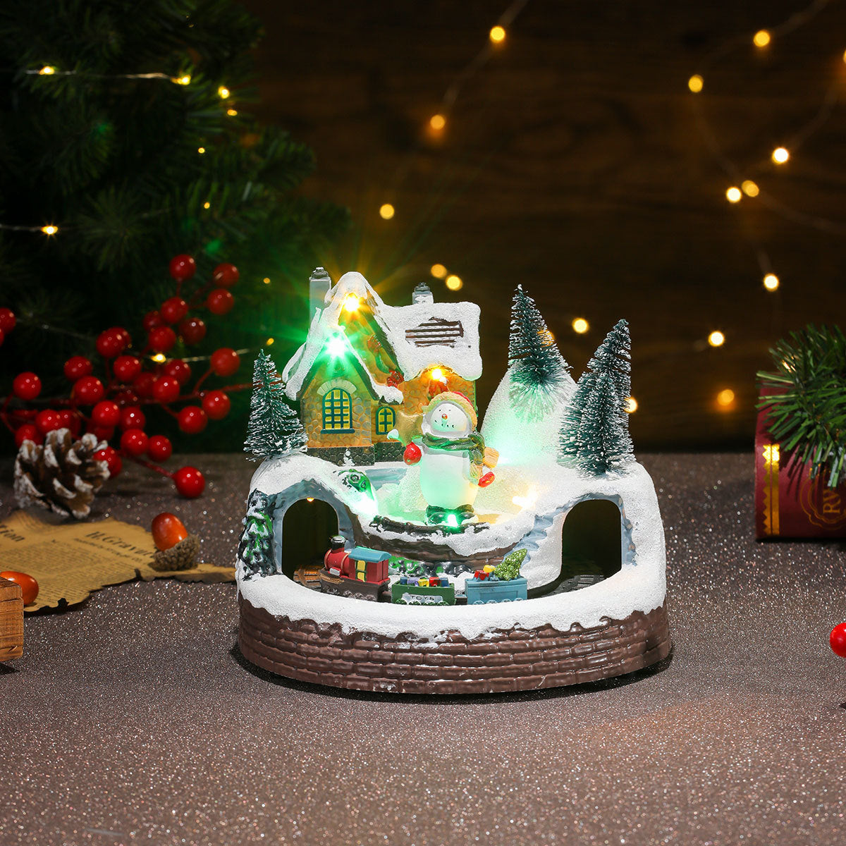 Wintry Village with Moving Train and LED Light Designs-Round Bottom Snowman-Theone Apparel