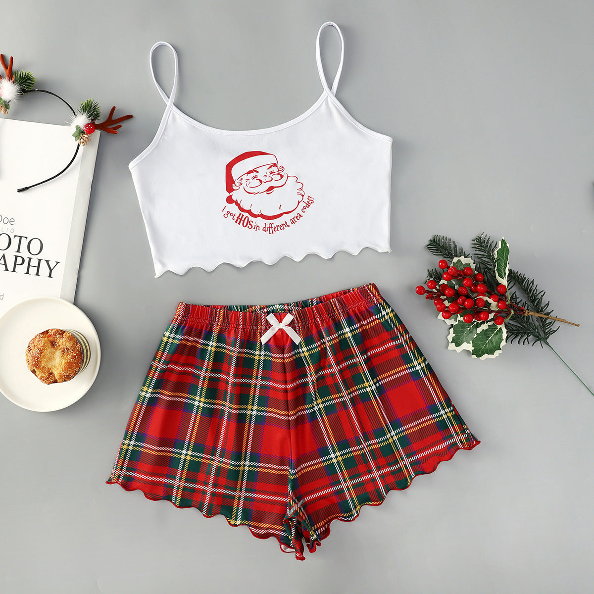 Women's Adorable Two Piece Christmas Pajama Crop Top and Shorts Set-Christmas Plaid-Theone Apparel