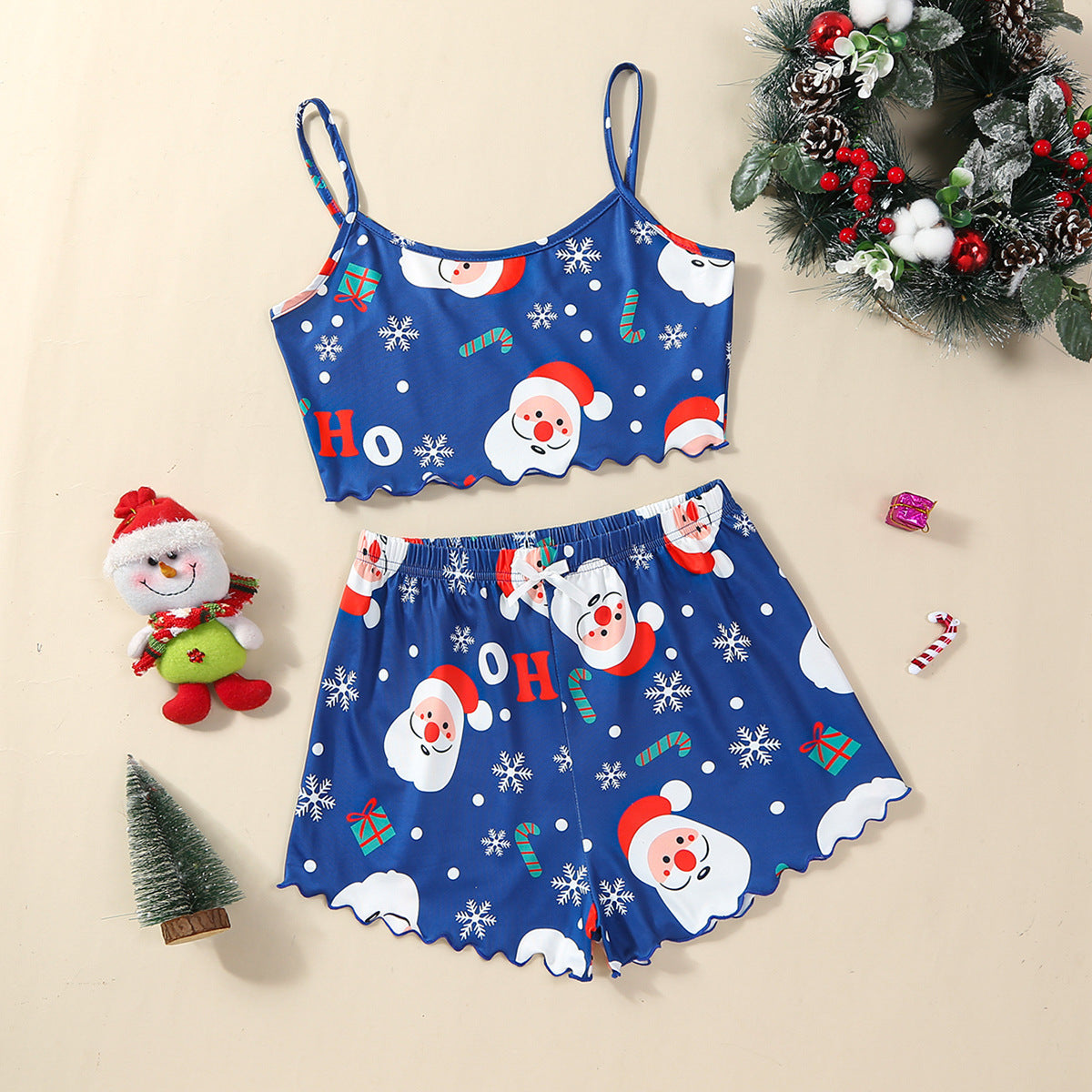 Women's Adorable Two Piece Christmas Pajama Crop Top and Shorts Set-Blue-Theone Apparel