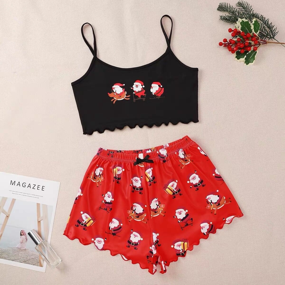 Women's Adorable Two Piece Christmas Pajama Crop Top and Shorts Set-Santa Claus-Theone Apparel