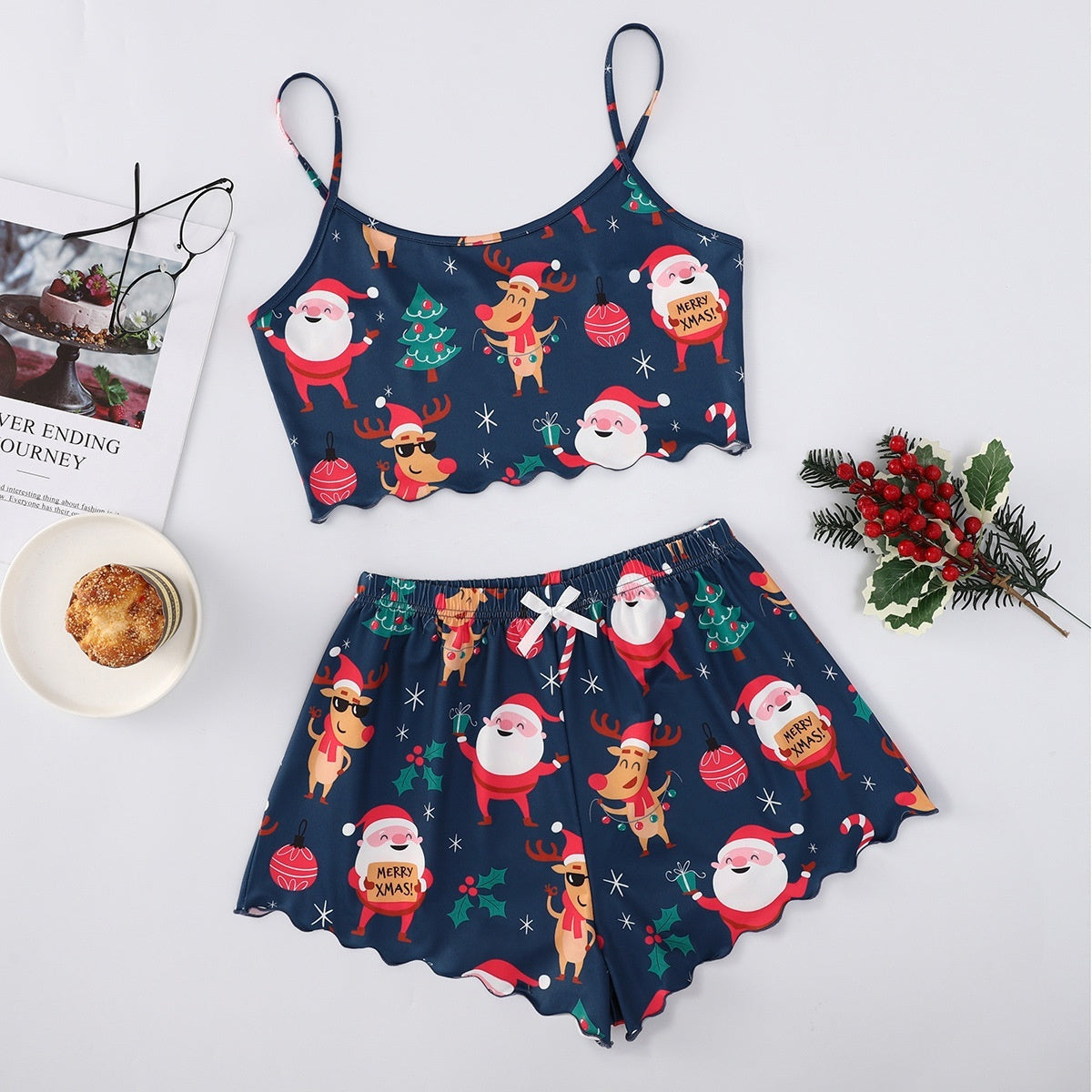 Women's Adorable Two Piece Christmas Pajama Crop Top and Shorts Set-Christmas Elements-Theone Apparel