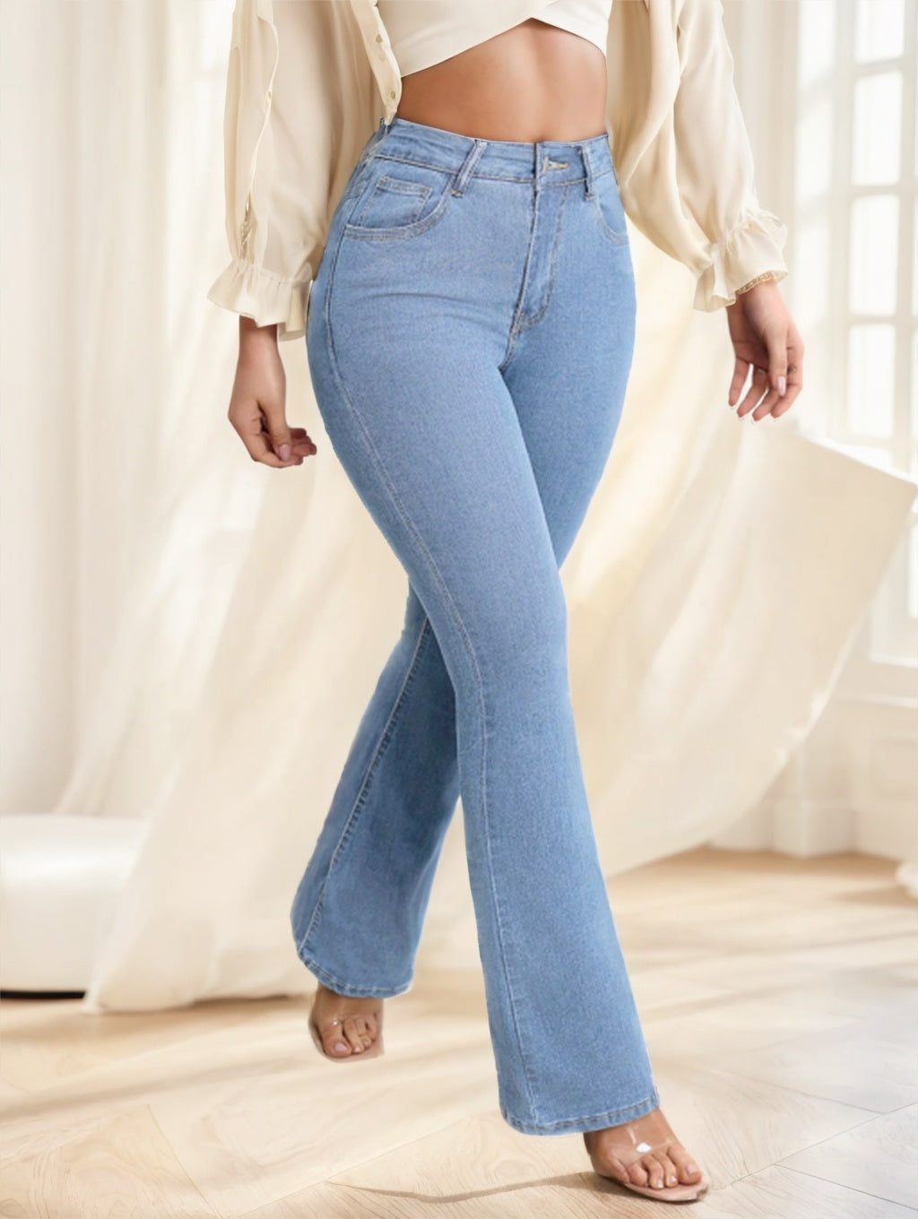 Women’s Button Front Denim Pants with Classic Pockets-Light blue-Theone Apparel