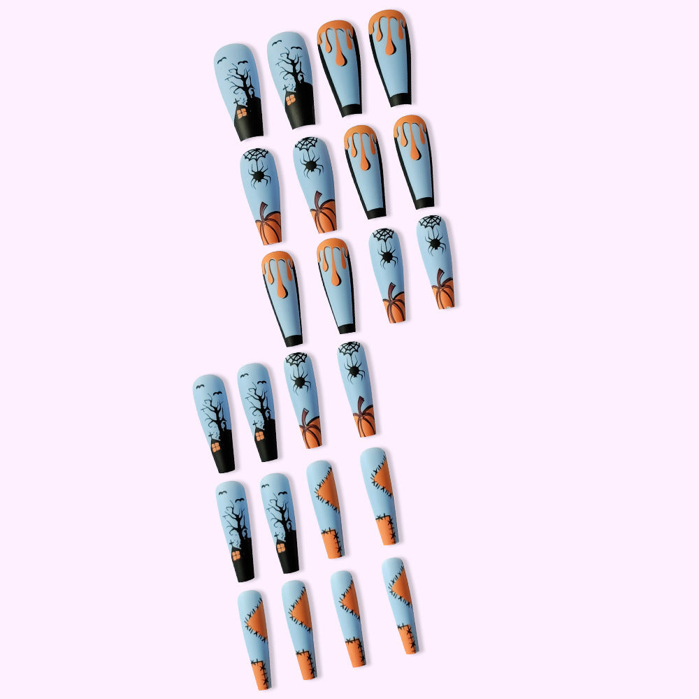 Women's Long Halloween Themed Coffin Nail Set in Blue and Orange-Theone Apparel
