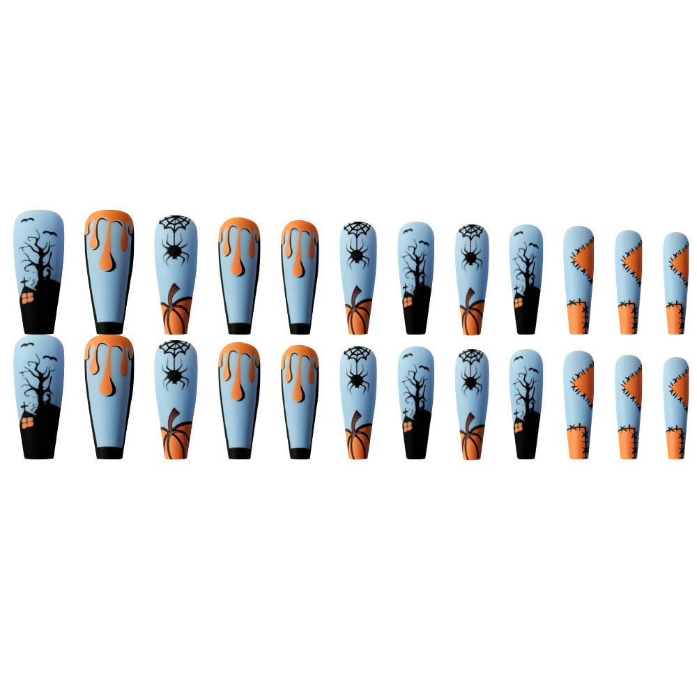 Women's Long Halloween Themed Coffin Nail Set in Blue and Orange-Theone Apparel