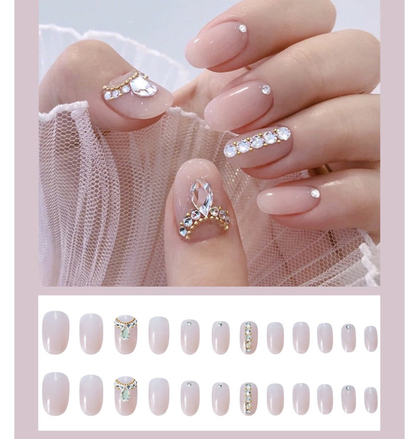 Women's Nude Pink Short Almond Shaped False Nails with Jewel Adornments-Theone Apparel