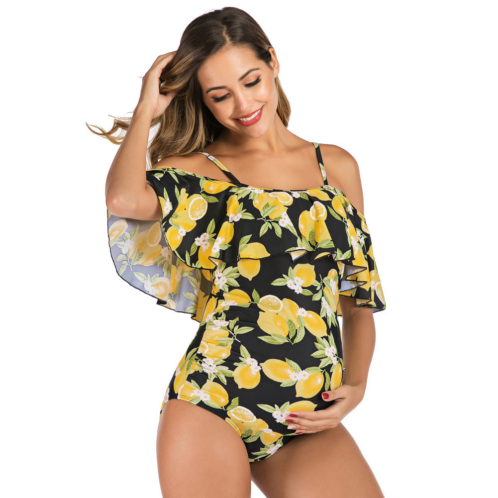 Women's One Piece Off Shoulder Lemon Print Swimsuit-Theone Apparel