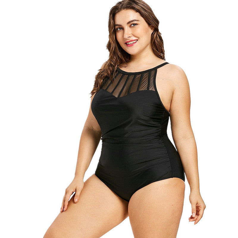 Women's One Piece Plus Size Swimsuit with Mesh Bodice-Theone Apparel