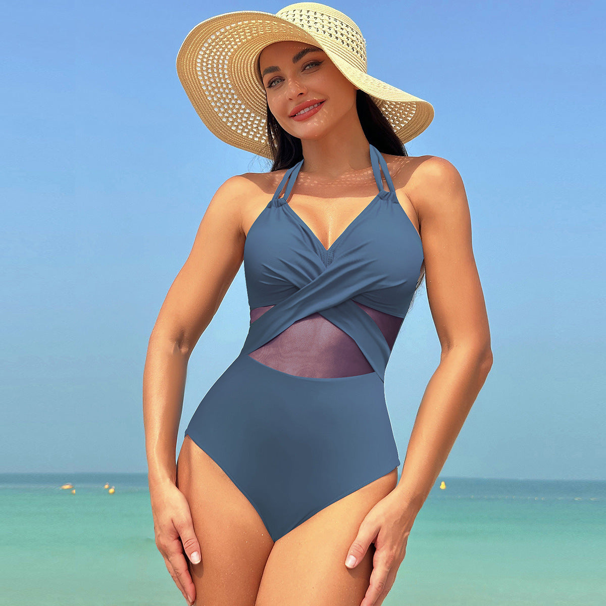 Women's One Piece Swimsuit with Mesh Midriff-Blue-Theone Apparel