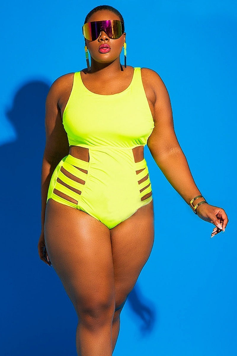 Women's Plus Sized One Piece Swimsuit with Sheer Midriff-Yellow-Theone Apparel
