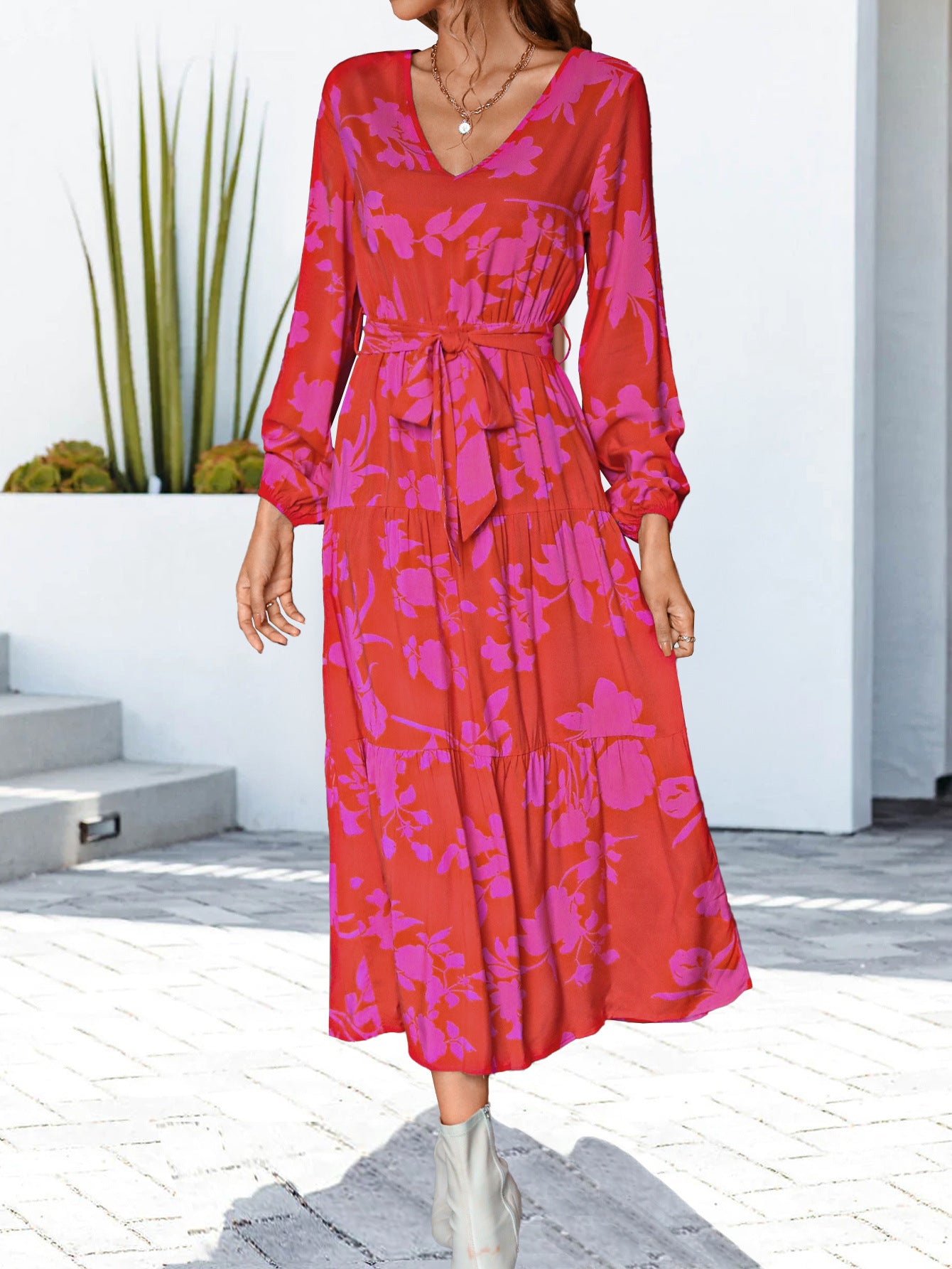 Women's Red and Pink Midi Wrap Dress with Long Sleeves-Red-Theone Apparel