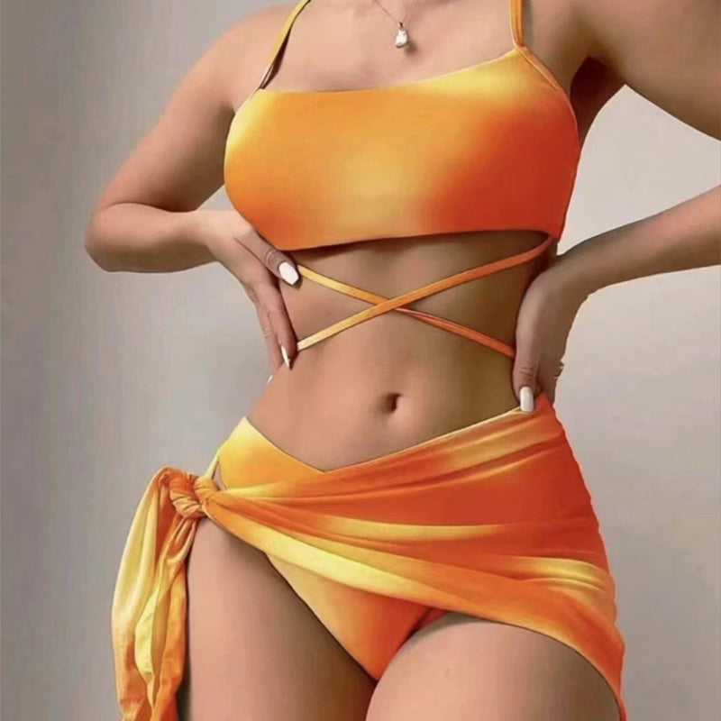 Women's Tie-Dye Three Piece Swimsuit Set-Orange-Theone Apparel