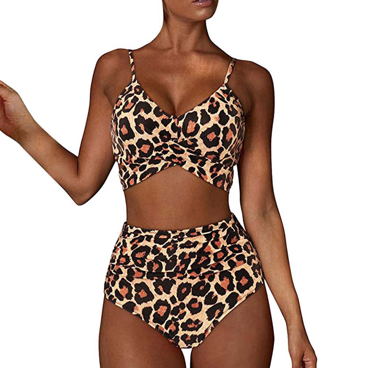 Women's Two Piece Bikini With High Waist Animal Print Bottoms-Leopard-Theone Apparel