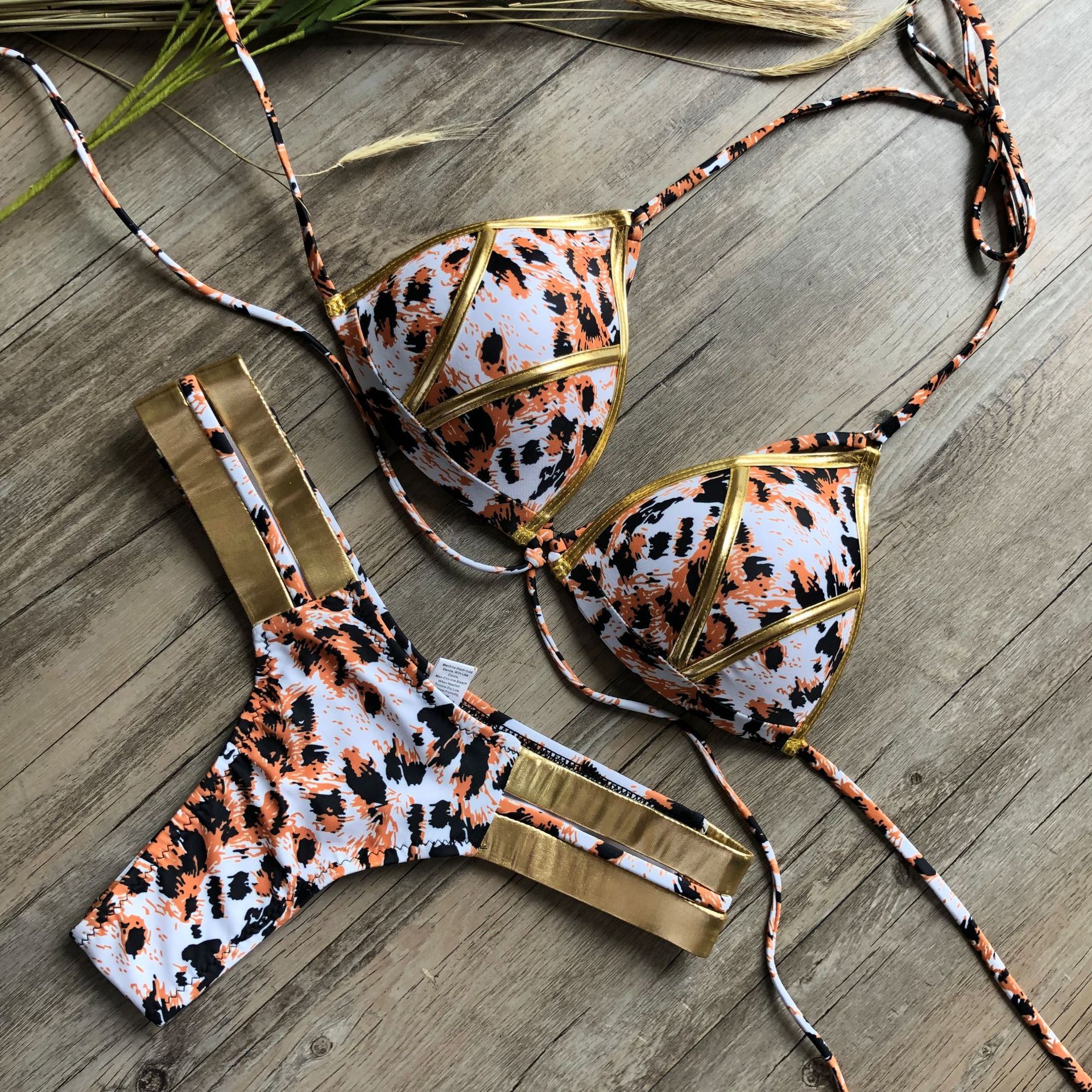 Women's Two Piece Strappy Bikini with Waist Ties-Leopard-Theone Apparel