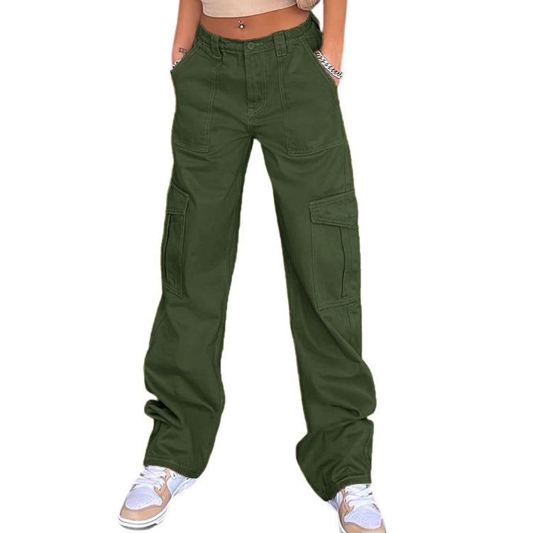 Workwear-Inspired Multi-Pocket High-Waist Straight Jeans-Army Green-Theone Apparel