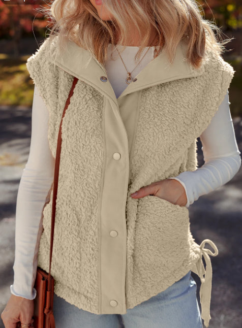 Cinnamon Faux Fur Snap-front Knot Side Plush Vest With Pockets
