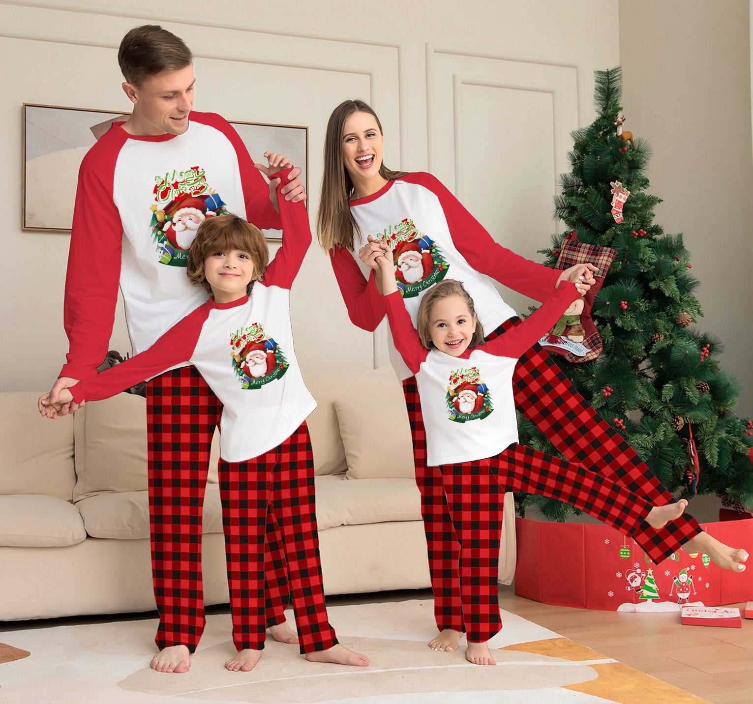 Matching Family Red and White Reindeer Christmas Pajama Set