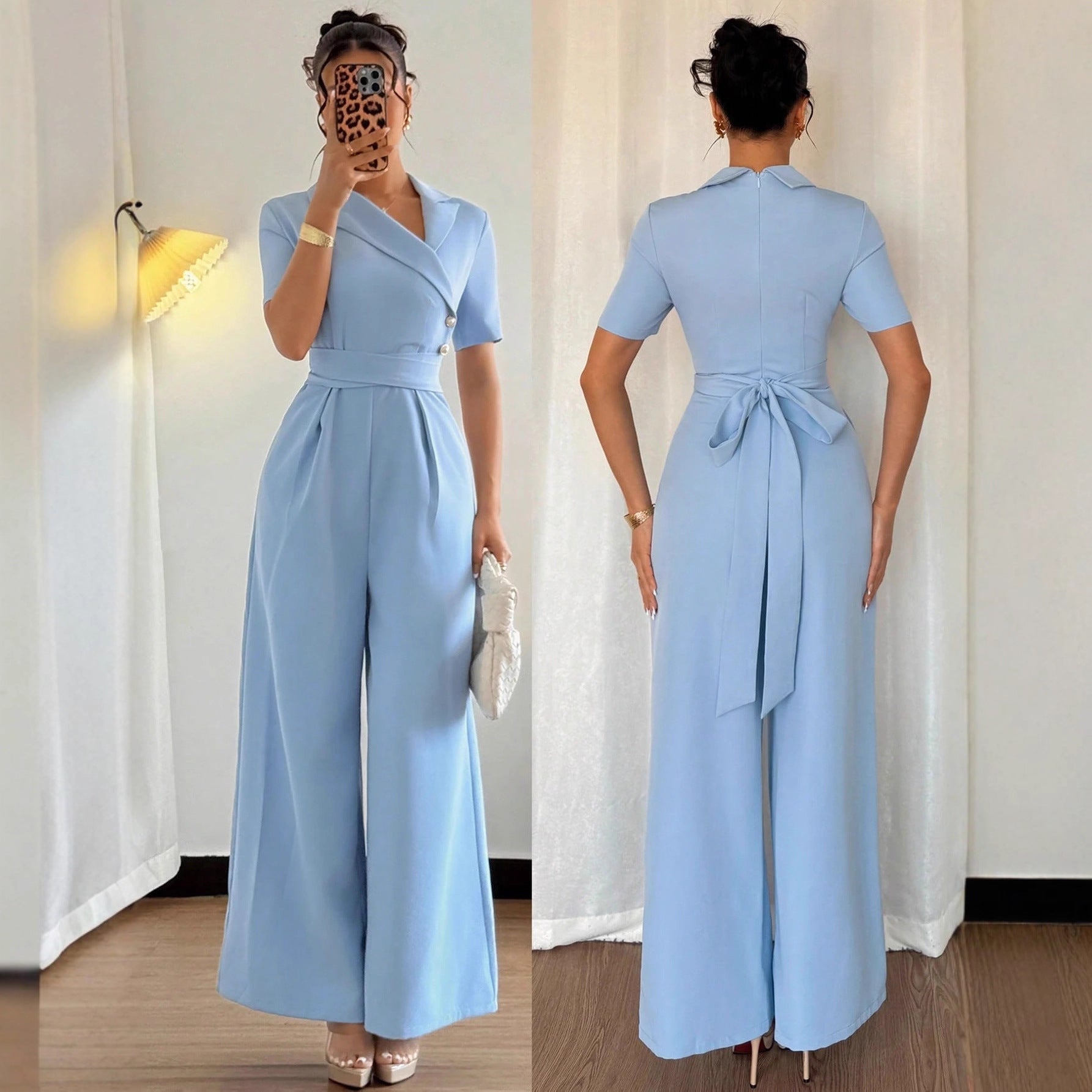 Women's Blue Off-shoulder Belted Slim-fit Jumpsuit