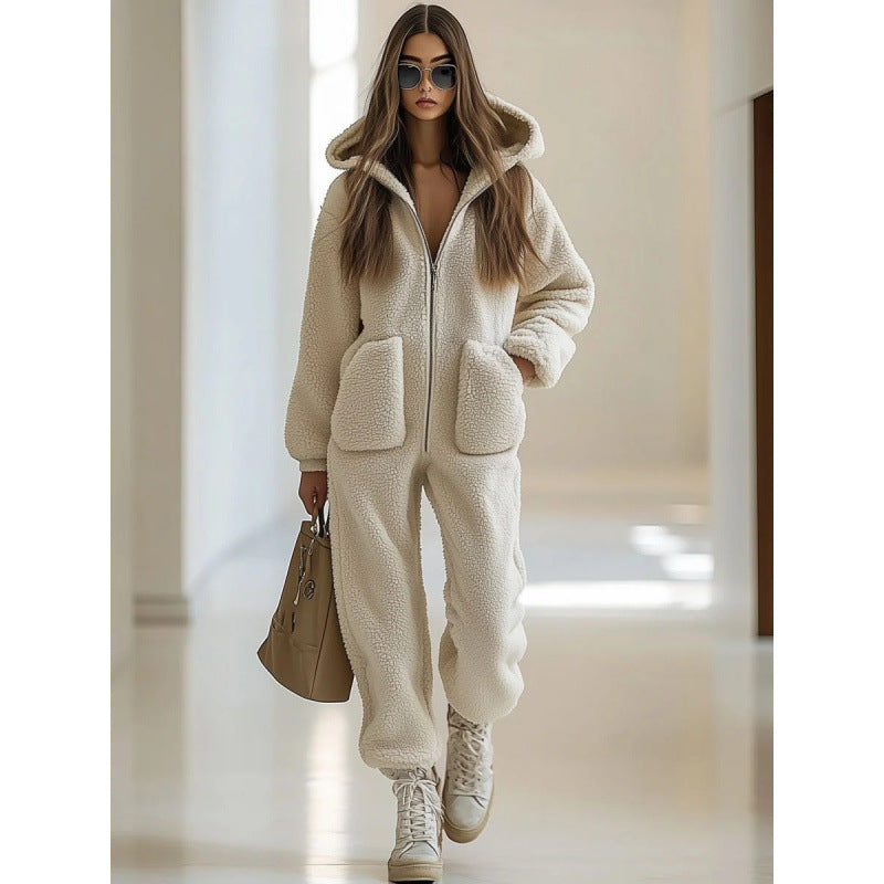 Hooded Pocket Trim Loose Straight Plush Jumpsuit