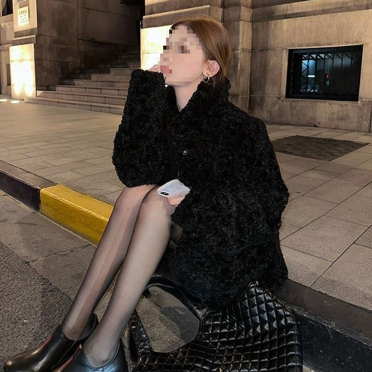 Women's Mid-length Stand Collar Loose Thick Fleece Coat