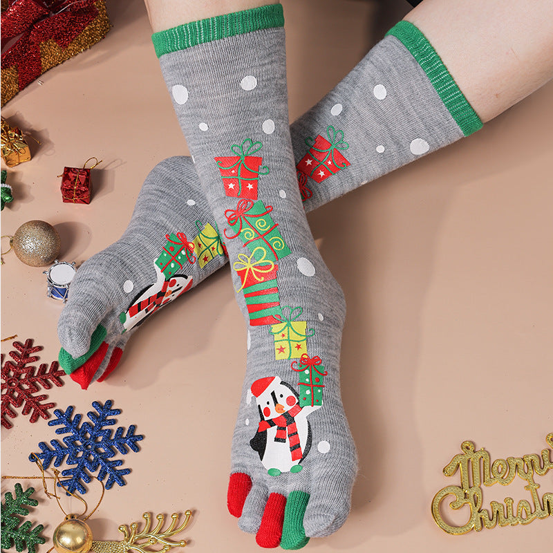 Lightweight Soft Crew Socks with Five Toes in Christmas Patterns