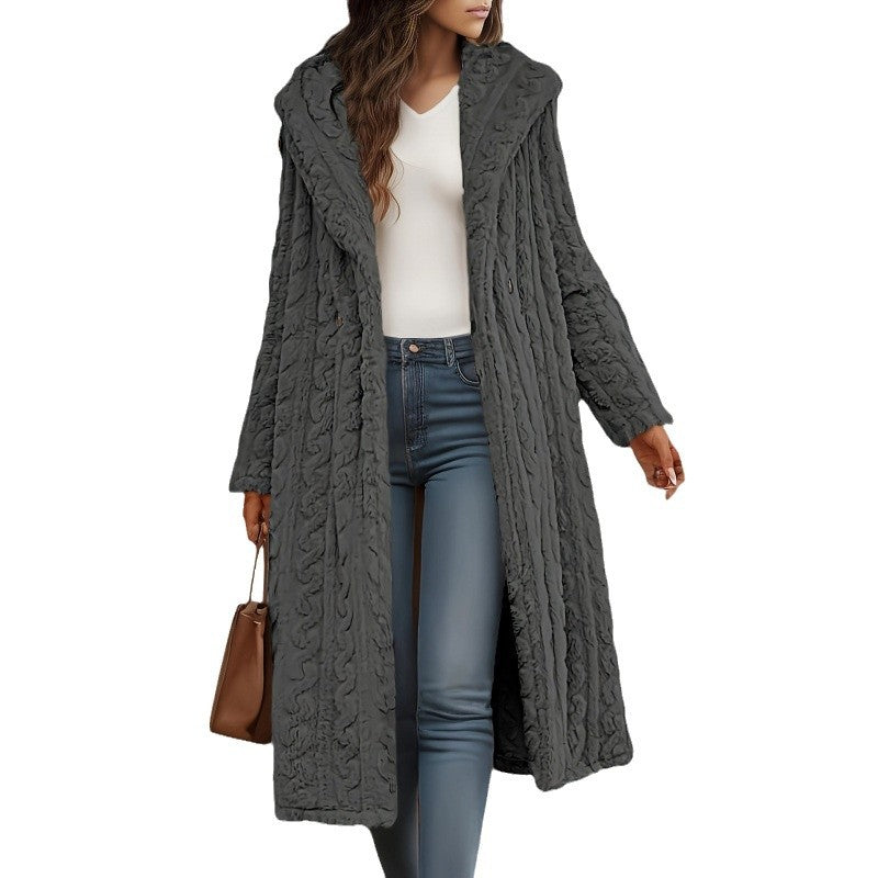Fashion Long Solid Color Long Sleeve Hooded Wool Women's Coat