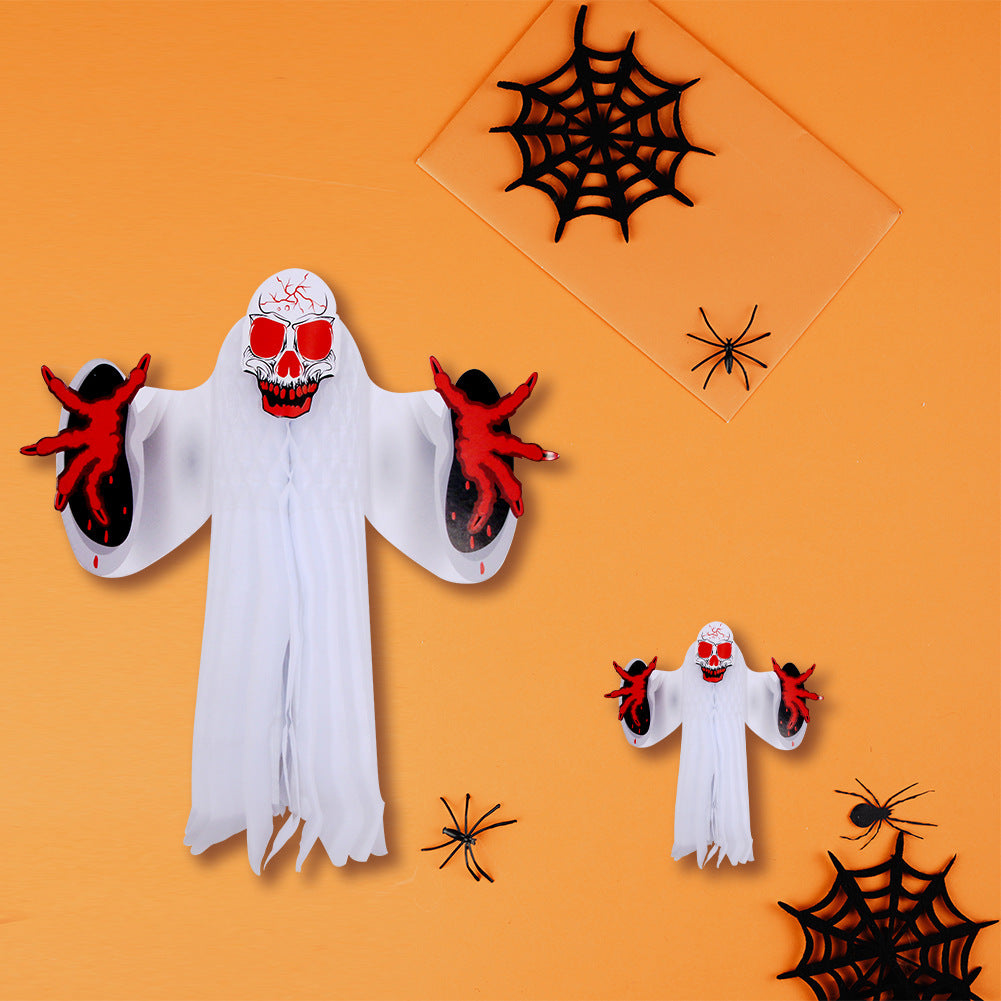 Whimsical Sheet Ghost Halloween Decoration with Red Skull and Hands