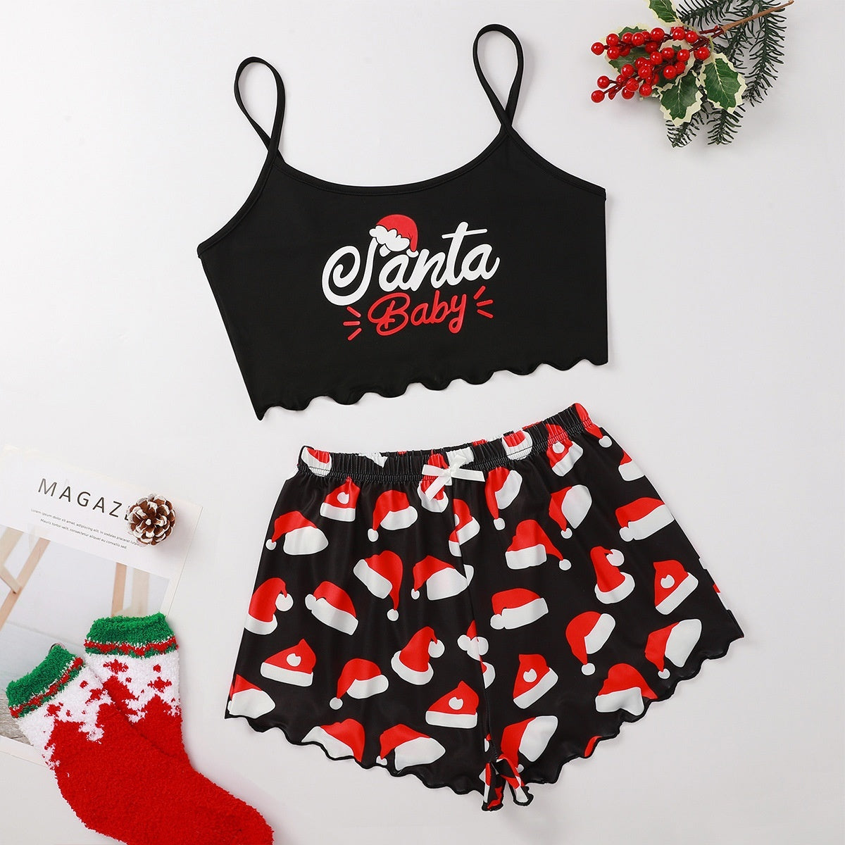 Schattige tweedelige tweedelige kerstpajama voor dames Pyjama Crop Top en Shorts Set