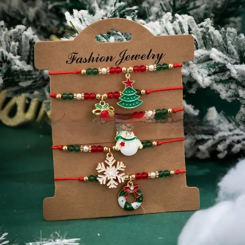 5-Piece Christmas Ribbon & Bead Bracelet Set With Tree, Bell, Snowflake, Wreath & Snowman